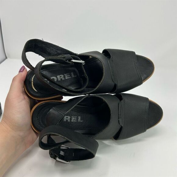Sorel Women's Black Leather Ankle Strap Buckle Wedge Sandals Size 8 - Picture 10 of 11